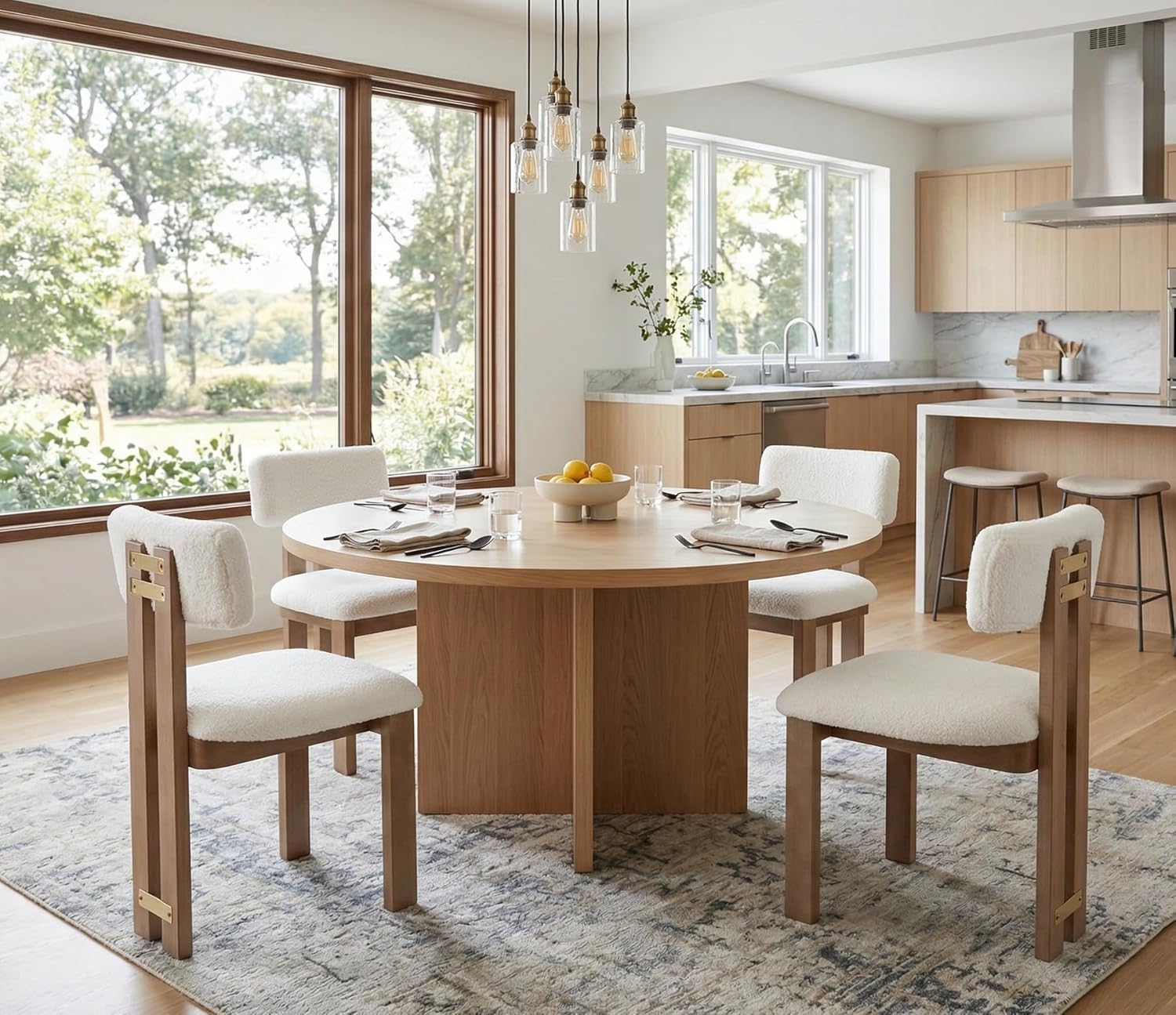 BESTANO Sherpa Boucle Wooden Dining Chairs Set of 4, Modern Farmhouse Dining Room Kitchen Chairs with Curved Backrest Natural Wood Legs, Armless Dining Chairs, Beige