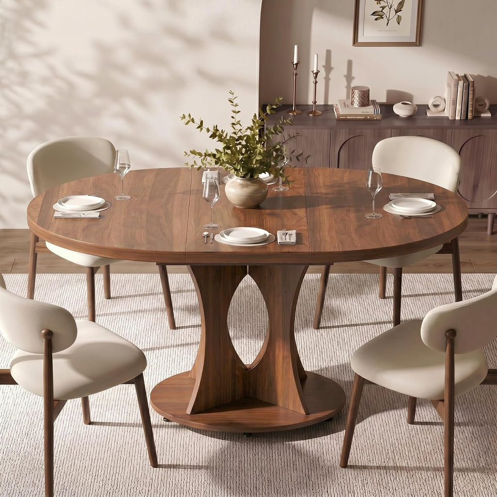 Einhomn 43-59" Extendable Round Dining Table, Kitchen Table for 4-8, Farmhouse Circle Dining Room Table with Removable Leaves,Hidden Storage, Space Saving Wood Kitchen & Dining Room Furniture, Walnut