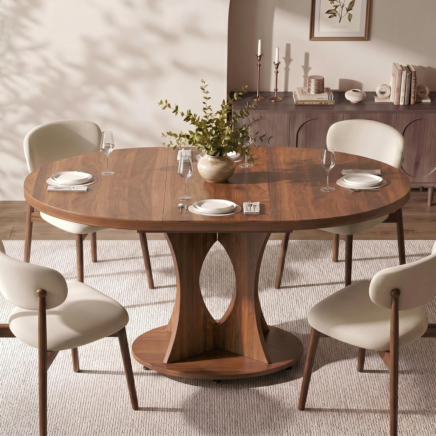 Einhomn 43-59" Extendable Round Dining Table, Kitchen Table for 4-8, Farmhouse Circle Dining Room Table with Removable Leaves,Hidden Storage, Space Saving Wood Kitchen & Dining Room Furniture, Walnut