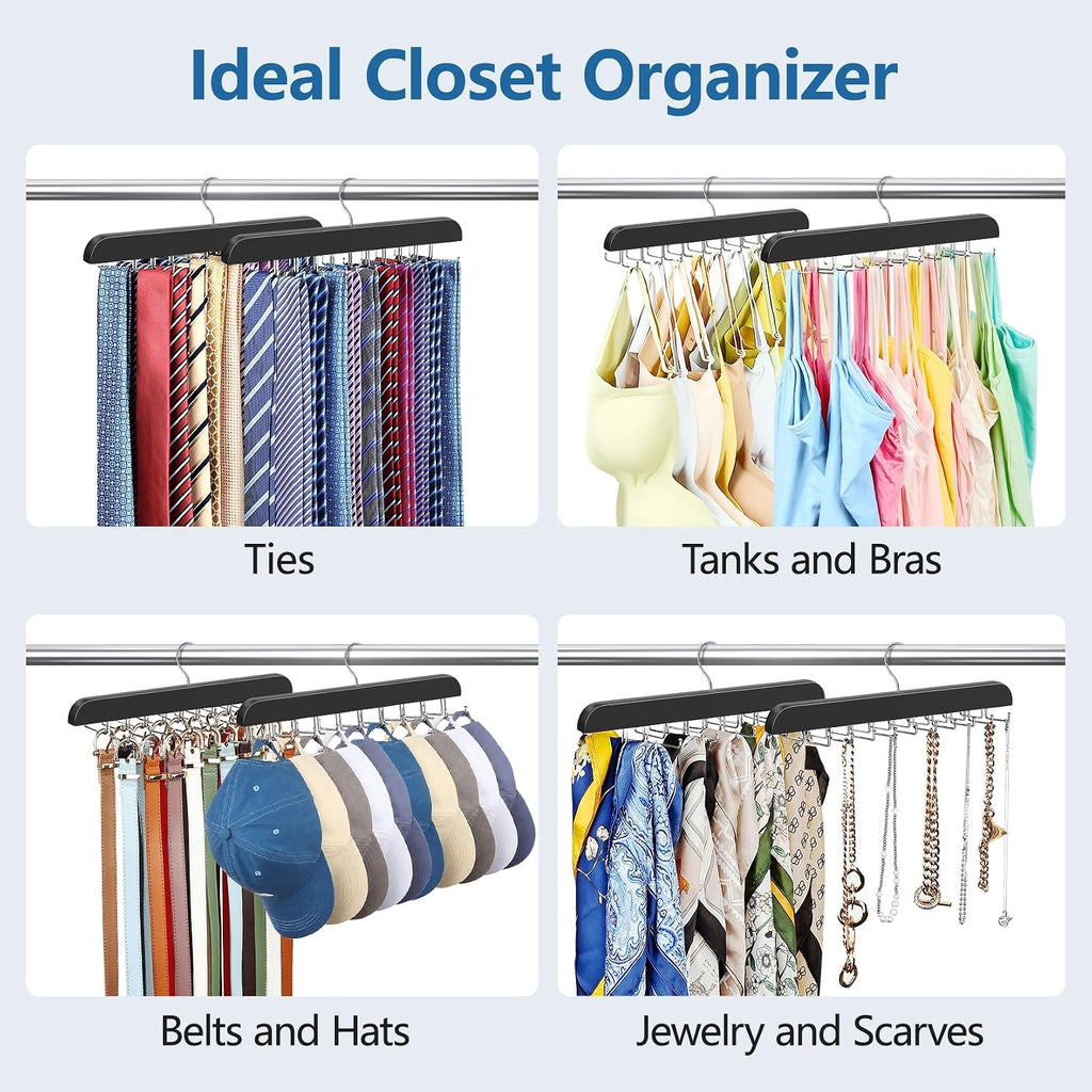 2 Pack Tie Rack Space Saving Hanger, Wooden Tie Hanger for Men with 40 Hooks for Closet Organizers and Storage, Large Capacity Necktie Organizer for Ties, Belts, Tank Top Closet Organization