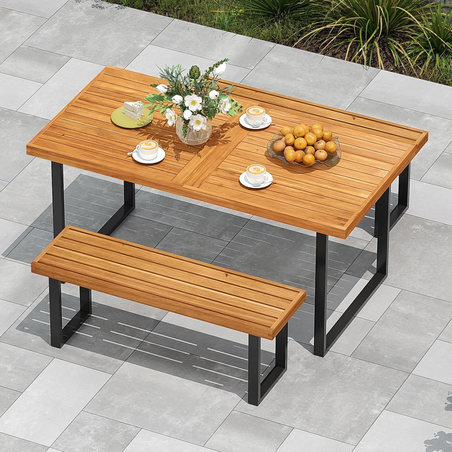 HAPPYGRILL Acacia Wood Bench for 2 People, Outdoor Dining Bench with Metal Legs & Adjustable Foot Pads, for Entryway, Garden, Poolside, Balcony, 800 LBS (1)