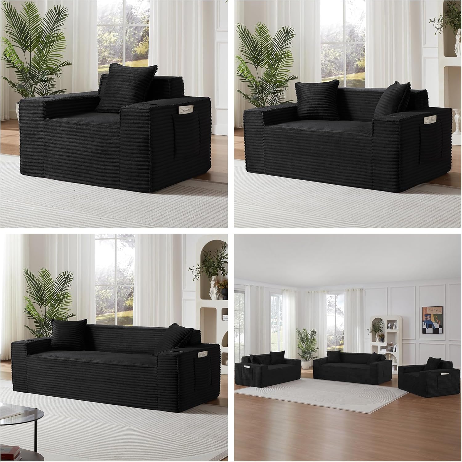 Boneless Sectional Sofa 3 Piece Set with Cup Holders & Side Pockets, Modern Corduroy Fabric Deep Seat Cloud Couch Living Room, Office, No Assembly (Black)