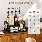 Homeiju Coffee Syrup Organizer Rack, 2-Tier Bottle Coffee Bar Accessories, Holder Stand with K Cup Storage Drawer for Coffee bar, Wine Rack, Storage Shelves for Syrup. (Black)