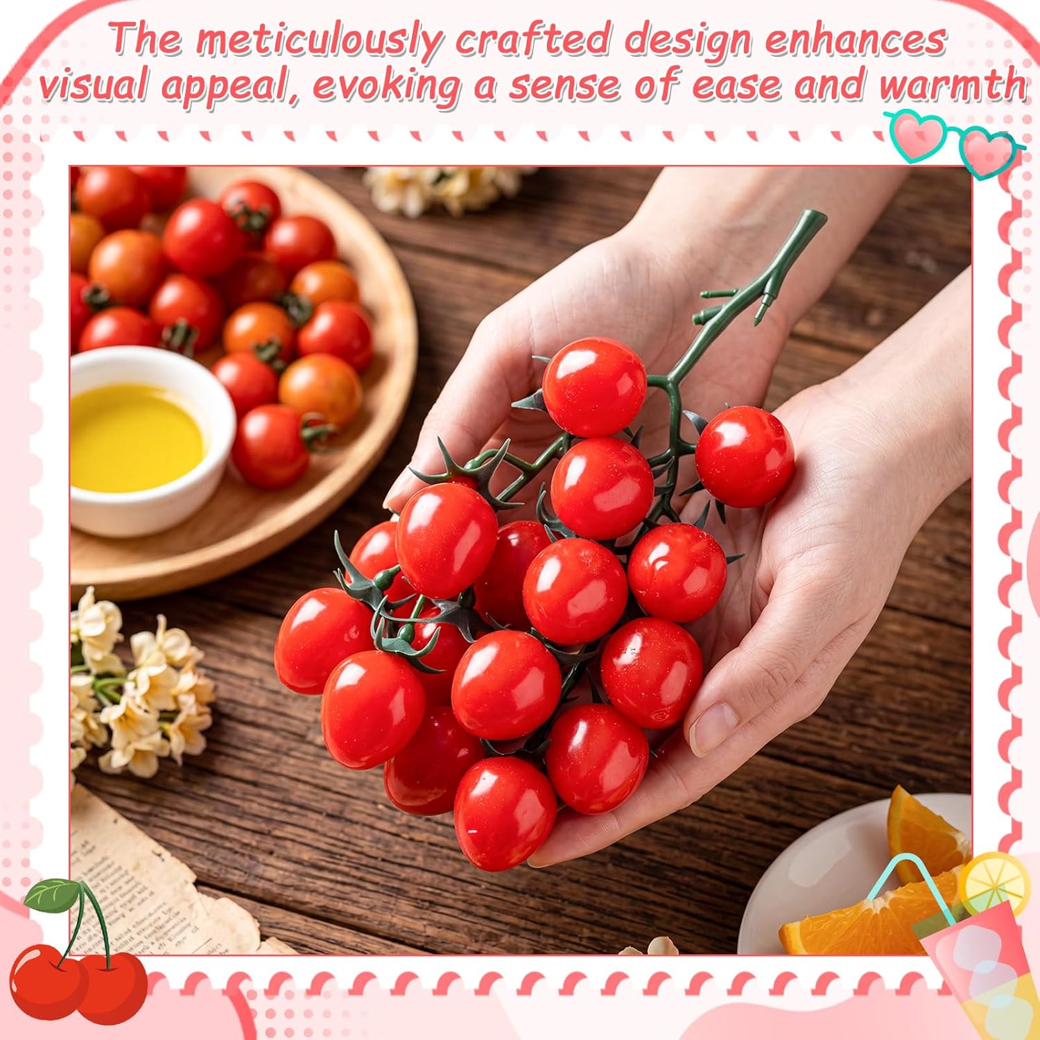 Ripeng 10 Pack Artificial Cherry Tomatoes 7.09" Long Artificial Fruit Lifelike Simulation Tomato Red Tomatoes Decoration Fake Tomato Faux Fruit Fake Vegetables Props for Home Kitchen Cabinet Decor