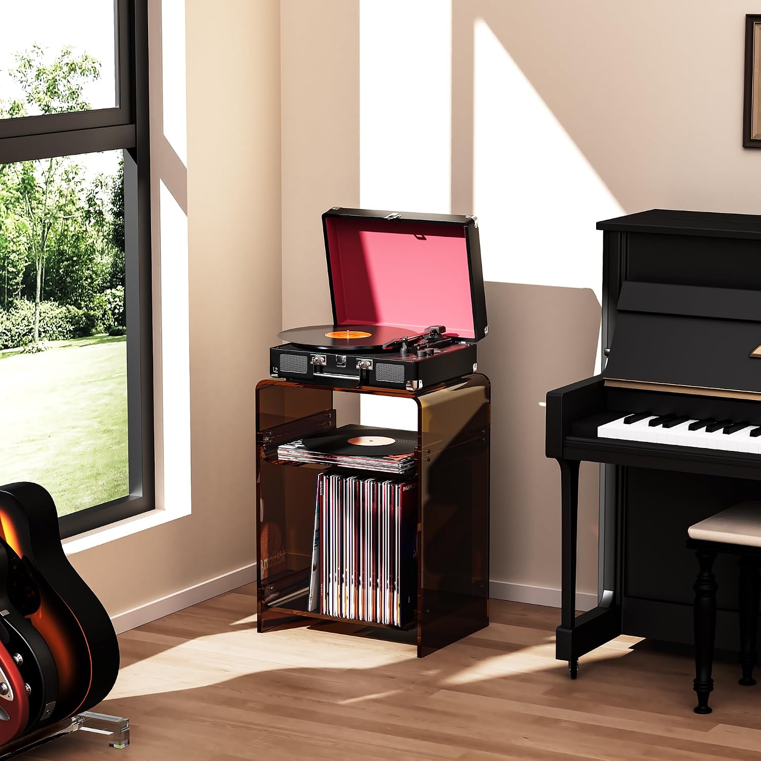Acrylic Record Player Table with Storage Shelf, Clear Side Table Nightstand (Dark Brown, Medium)