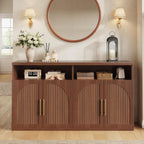 Fluted Buffet Cabinet with Storage, 63" Wide Wood Sideboard Credenza with 4 Doors & Open Storage Shelf, Modern Kitchen Entryway Accent Table for Dining Room Living Room, Kitchen, Hallway, Walnut