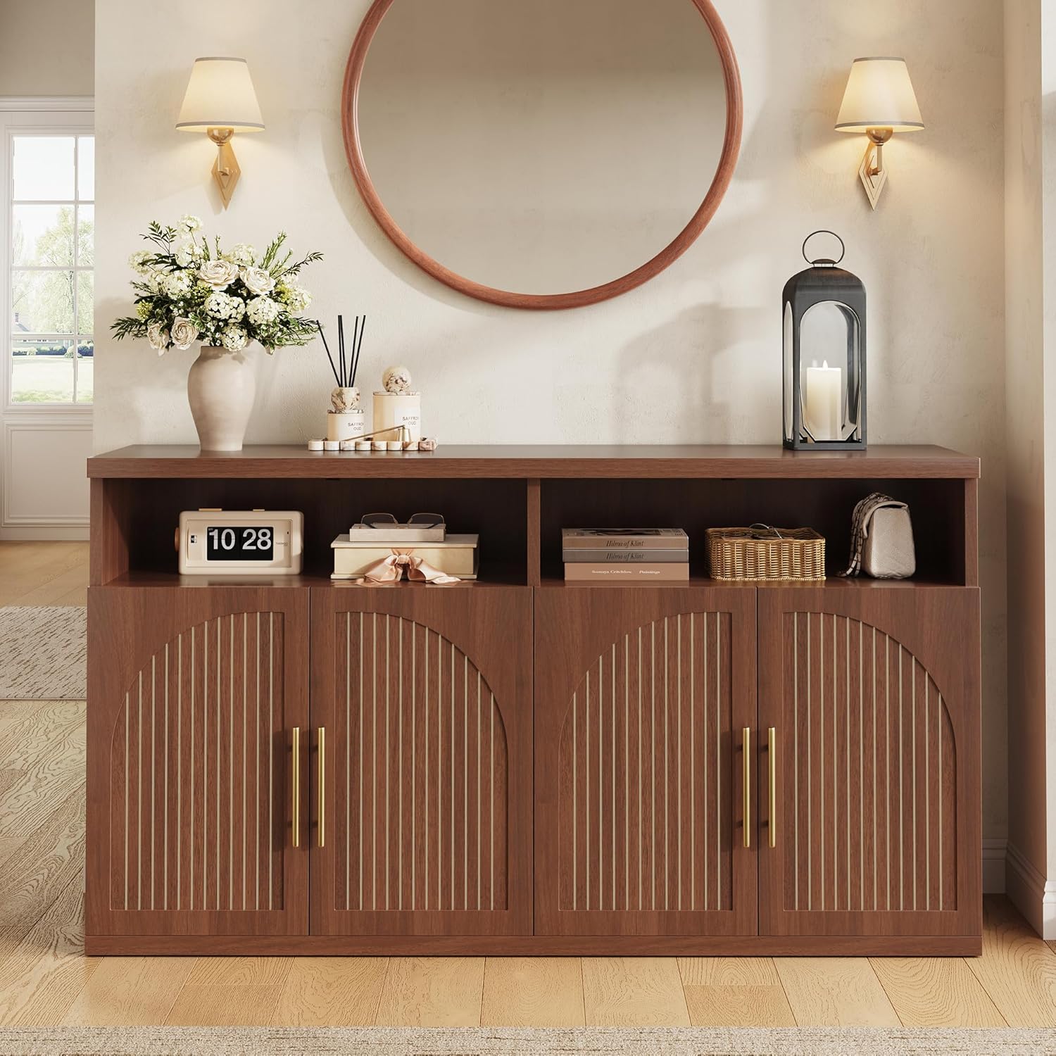 Fluted Buffet Cabinet with Storage, 63" Wide Wood Sideboard Credenza with 4 Doors & Open Storage Shelf, Modern Kitchen Entryway Accent Table for Dining Room Living Room, Kitchen, Hallway, Walnut