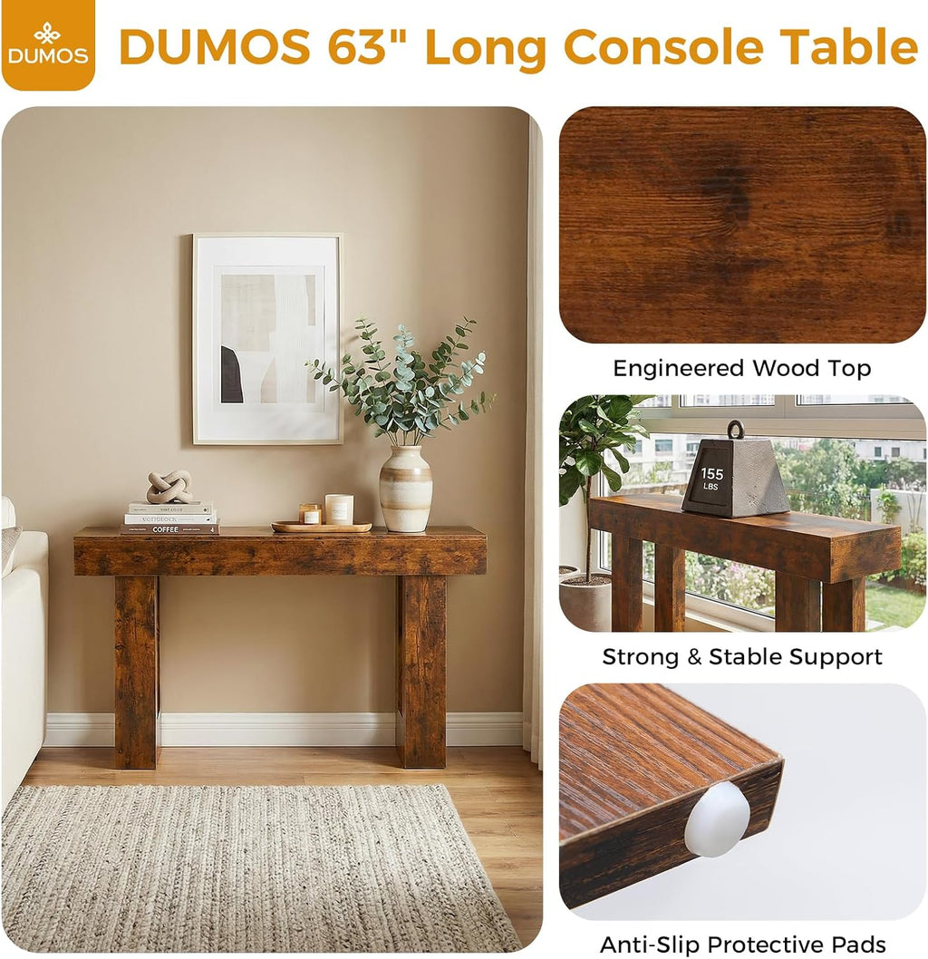 DUMOS 63 Inches Console Farmhouse Table for Entryway, Long Console Table Behind Couch, Solid Wood Narrow Entryway Table for Hallway, Living Room, Foyer, Entrance, Easy Assembly, Brown