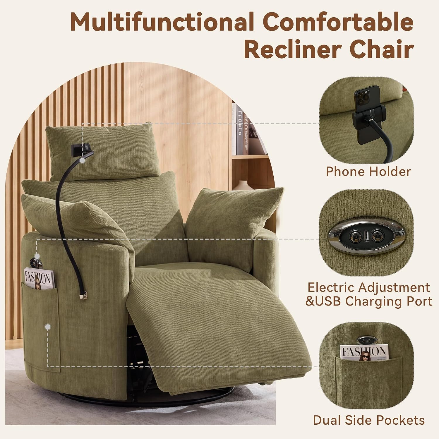FOXHUNTER Power Nursery Rocking Chairs Glider Rocking Chair 300°Swivel Rocking Recliner with USB Charging Port and Phone Holder,Footrest&Side Pockets,for Living Room,Chenille,Green