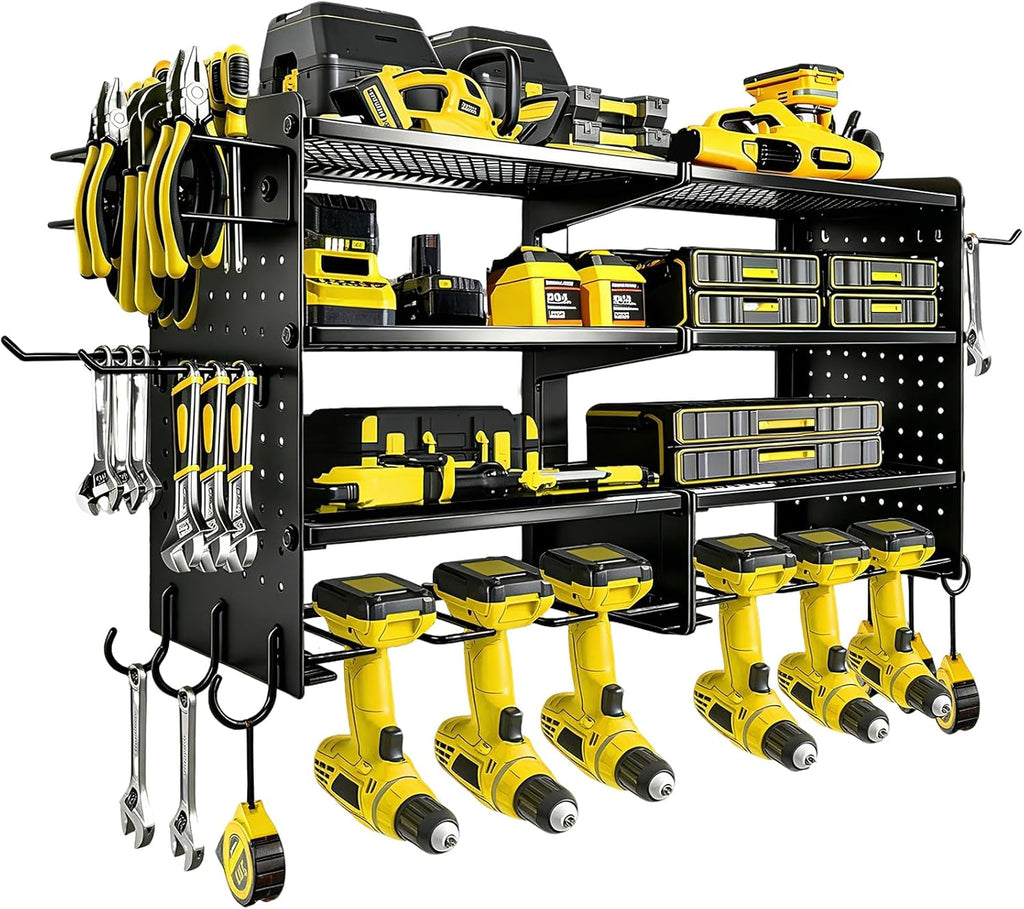 Power Tool Organizer Wall Mount, 4 Tier Heavy Duty Tool Storage Rack, 400 LBS Capacity with Drill Tools Holder & Hooks, Tool Organizers and Storage for Garage, Warehouse, Workshop, Gifts for Men