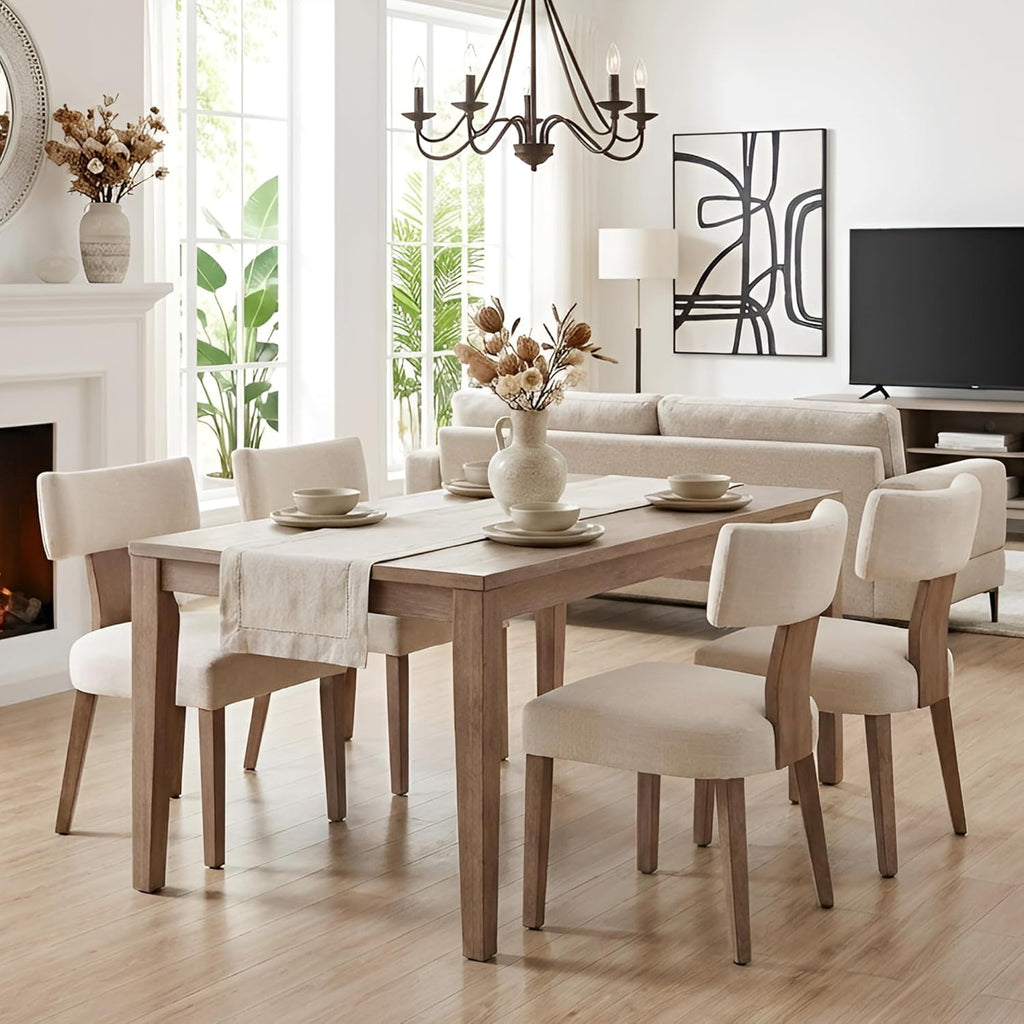 HNY Mid Century Modern Dining Chairs Set of 4, Upholstered Linen Kitchen & Dining Room Chairs with Ergonomic Curved Backrest, Solid Wood Legs, Farmhouse Accent Chair for Home, Apartment, Beige
