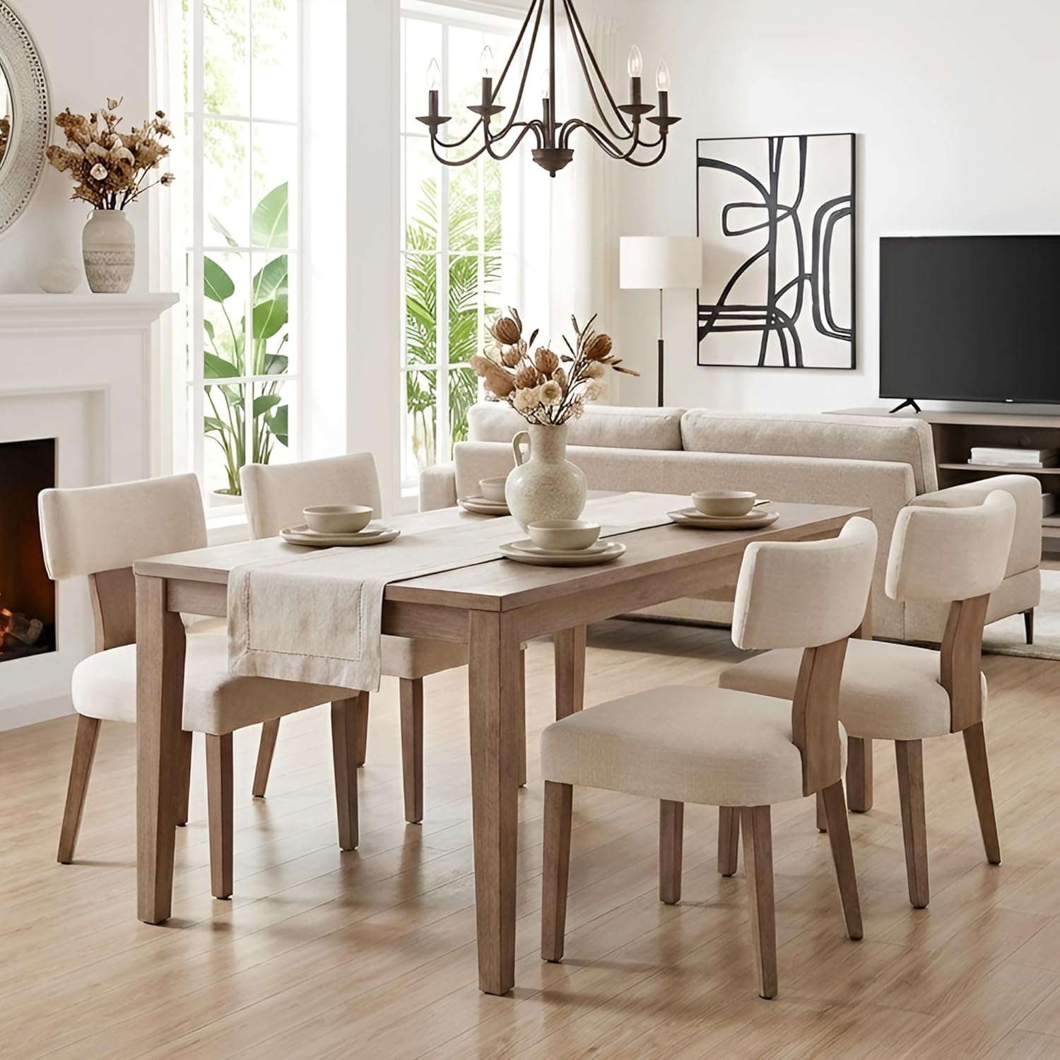 HNY Mid Century Modern Dining Chairs Set of 4, Upholstered Linen Kitchen & Dining Room Chairs with Ergonomic Curved Backrest, Solid Wood Legs, Farmhouse Accent Chair for Home, Apartment, Beige