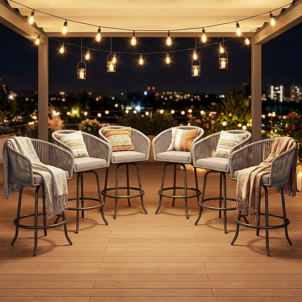 YITAHOME 27" Bar Stools Set of 6 with Arms & Cushions, 360° Swivel Outdoor Bar Stools, All Weather Counter Height Bar Stools Set of 6 with Curved Back for Backyard, Kitchen Island, Dining Room, Gray