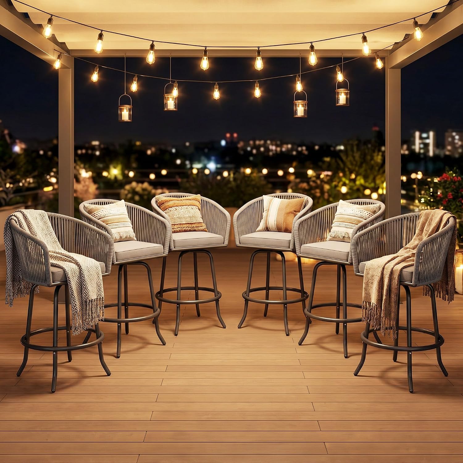 YITAHOME 27" Bar Stools Set of 6 with Arms & Cushions, 360° Swivel Outdoor Bar Stools, All Weather Counter Height Bar Stools Set of 6 with Curved Back for Backyard, Kitchen Island, Dining Room, Gray