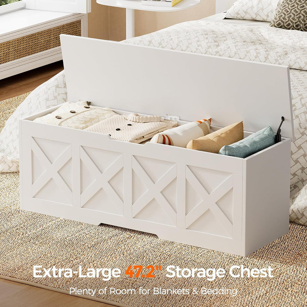 Homleke 47.2" Extra-Large Wooden Storage Chest – Farmhouse Toy Box, Entryway Bench, Bedroom Storage, Safety Hinge, Easy Assembly, White