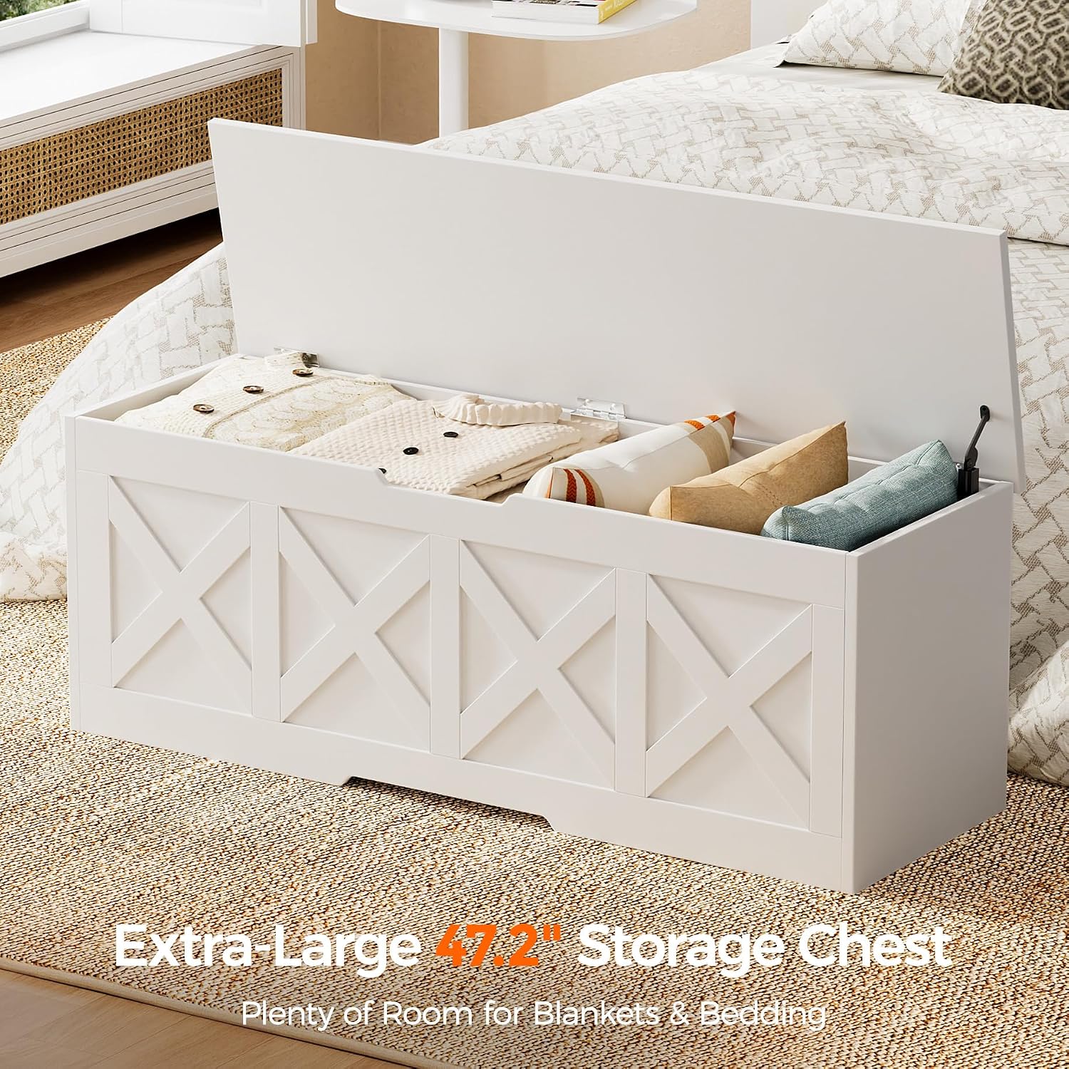 Homleke 47.2" Extra-Large Wooden Storage Chest – Farmhouse Toy Box, Entryway Bench, Bedroom Storage, Safety Hinge, Easy Assembly, White