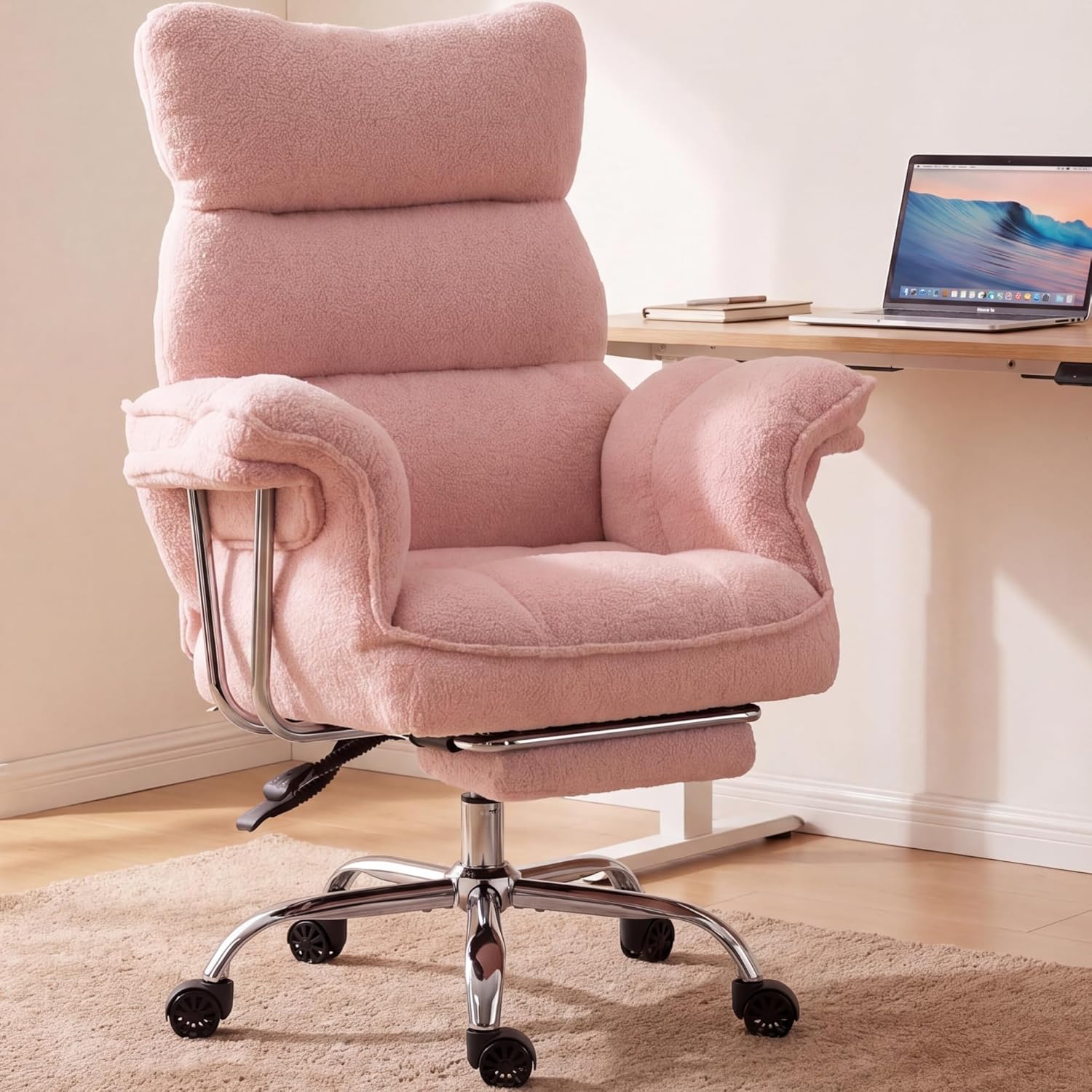 Dowinx Big and Tall Office Chair, Ergonomic Desk Chair with Thick Cushion, Wide Seat & Armrests Computer Gaming Chair,High Back Reclining Teddy Fleece Criss Cross Chair with Foot Rest, Pink