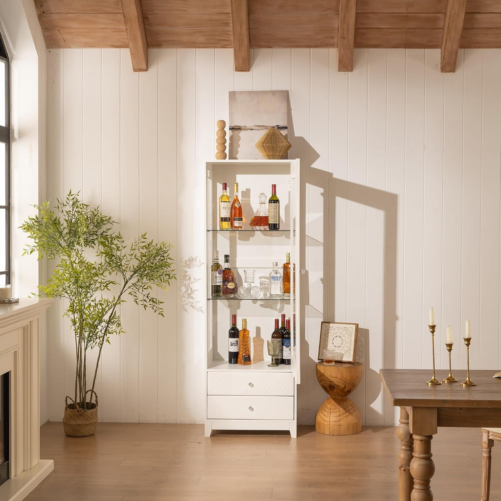 71'' Freestanding Display Cabinet with 2 Storage Drawers, Upholstered Pantry with Ceiling Light,Wine Cabinet with Glass Door and Adjustable Shelves, for Livingroom, Kitchen, Bar & Dining Room - White