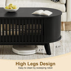 Oval Coffee Table for Living Room with Slatted Sides Frame, Modern Lift Top Coffee Table with Storage Hidden Compartment, Lift Tabletop Dining Table, Curved Corner, 40inch, Black