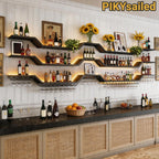 63" Wall Mounted LED Wine Rack, 3-Tier Floating Bar Shelves, Large Liquor Shelf with Wine Glass Rack, Large Bar Rack Wall Mounted for Liquor Bottles, Home Bar, Dining Room or Cafe, Black