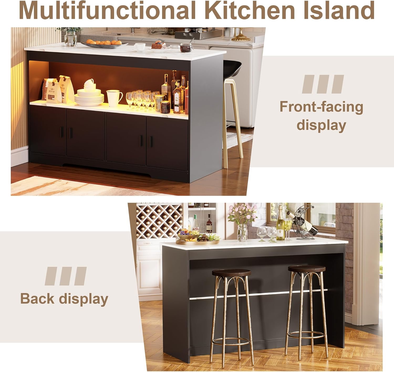 PAKASEPT 43'' Modern Kitchen Island with Storage,Imitation Marble Island Table with LED Lights & Cabinet for Kitchen, Dining Table for 4,Dining Room,Living Room,Home Bar,Black