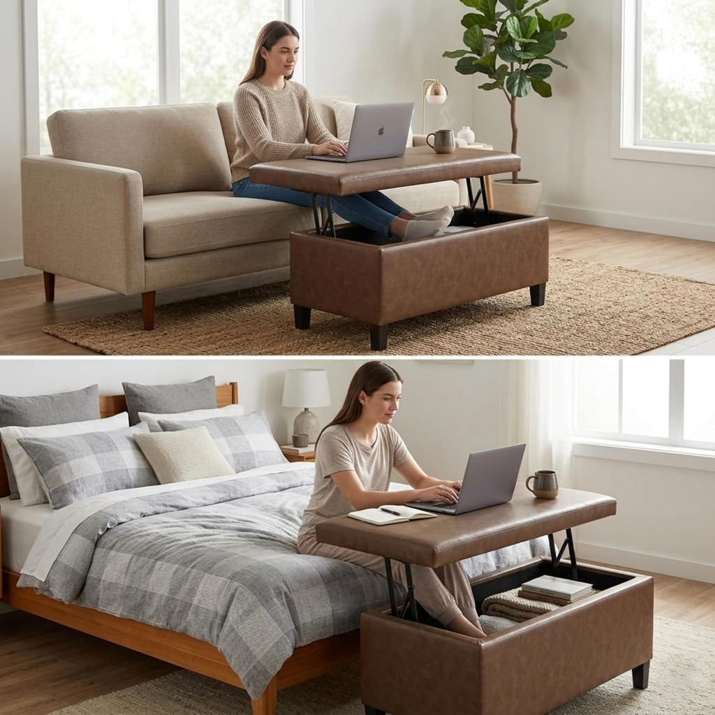 Homebeez 42 inch Lift Top Storage Ottoman Bench, Modern Faux Leather Rectangular Ottoman with Storage for Living Room, Bedroom, Entryway, Tan