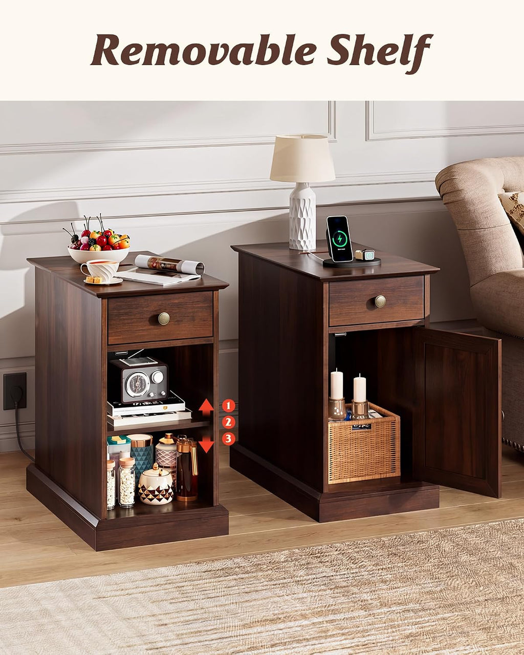WLIVE End Table with Charging Station, Narrow Sied Table with Drawer & Cabinet, Side Table with Adjustable Shelf for Living Room/Bedroom, Wooden Nightstand with Hidden USB Ports and Outlets, Espresso