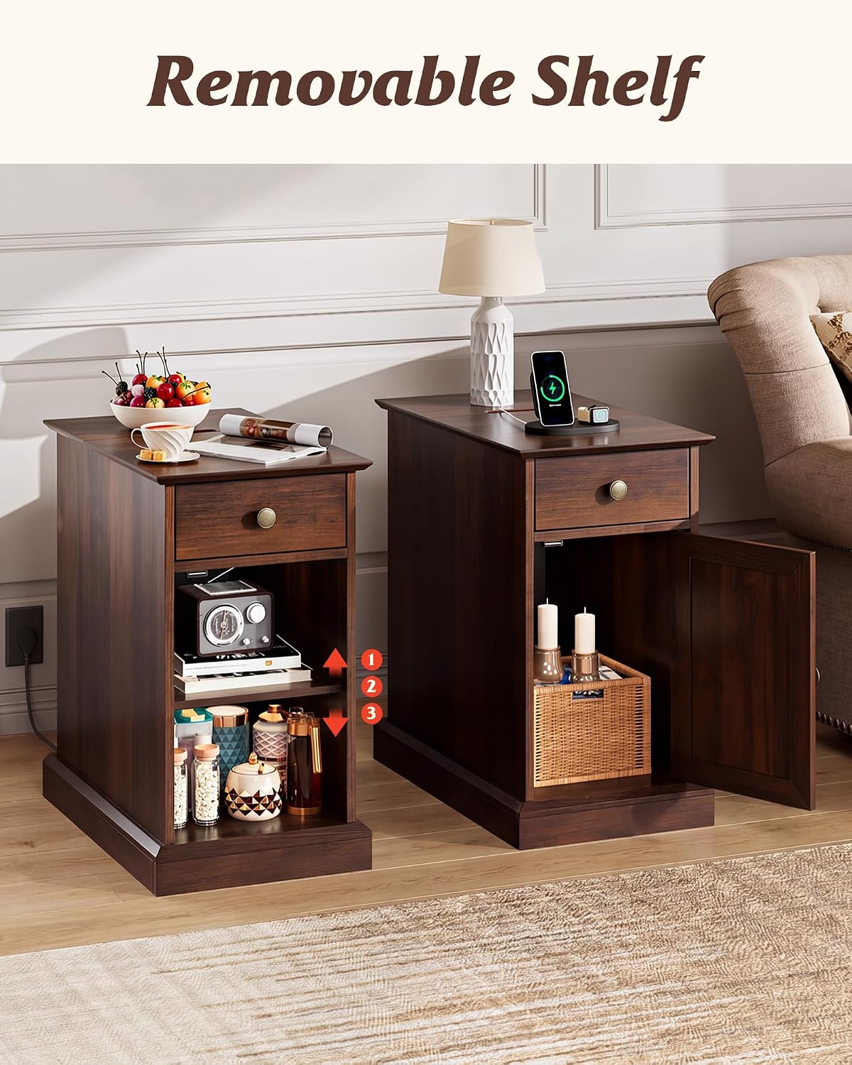 WLIVE End Table with Charging Station, Narrow Sied Table with Drawer & Cabinet, Side Table with Adjustable Shelf for Living Room/Bedroom, Wooden Nightstand with Hidden USB Ports and Outlets, Espresso