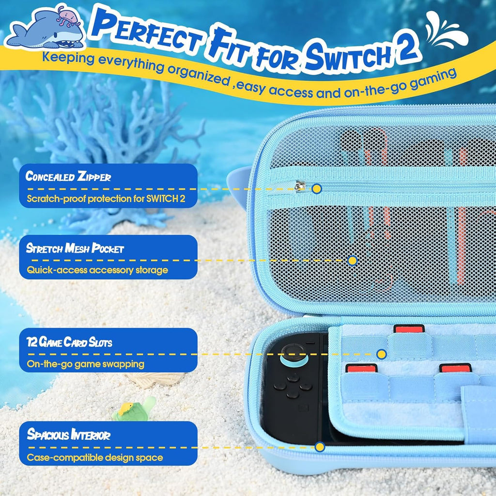 GeekShare Portable Carrying Case Compatible with Switch 2 (2025), Hard Storage Bag with 12 Game Card Slots, Cute Travel Case for Switch 2 Console and Accessories, Shark