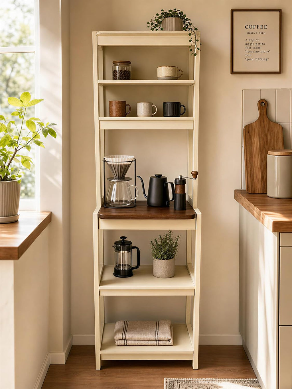 23.7" 5-Tier Bakers Rack for Kitchen, Storage Shelf with Coffee Bar & Microwave Stand, White & Rustic Brown