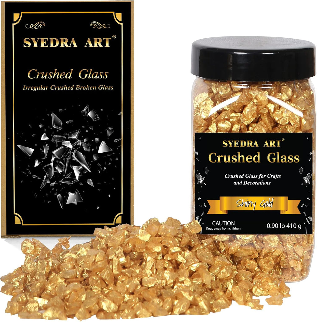 Syedra Crushed Glass for Crafts, Crushed High Luster Chips, Glitter, Broken Glass Pieces, Bar, Vase, Garden Decoration, 3-6mm, 410G (Shiny Gold)