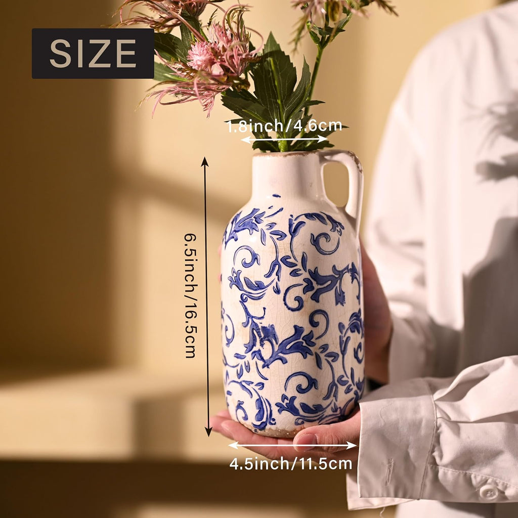 VICTOR & TERESA Blue and White Ceramic Vase for Flowers, Rustic Vase Home Decor for Pampas Grass, Farmhouse Decorative Vases for Mantel, Living Room, Shelf, Centerpieces, 7'', Gifts for Mom