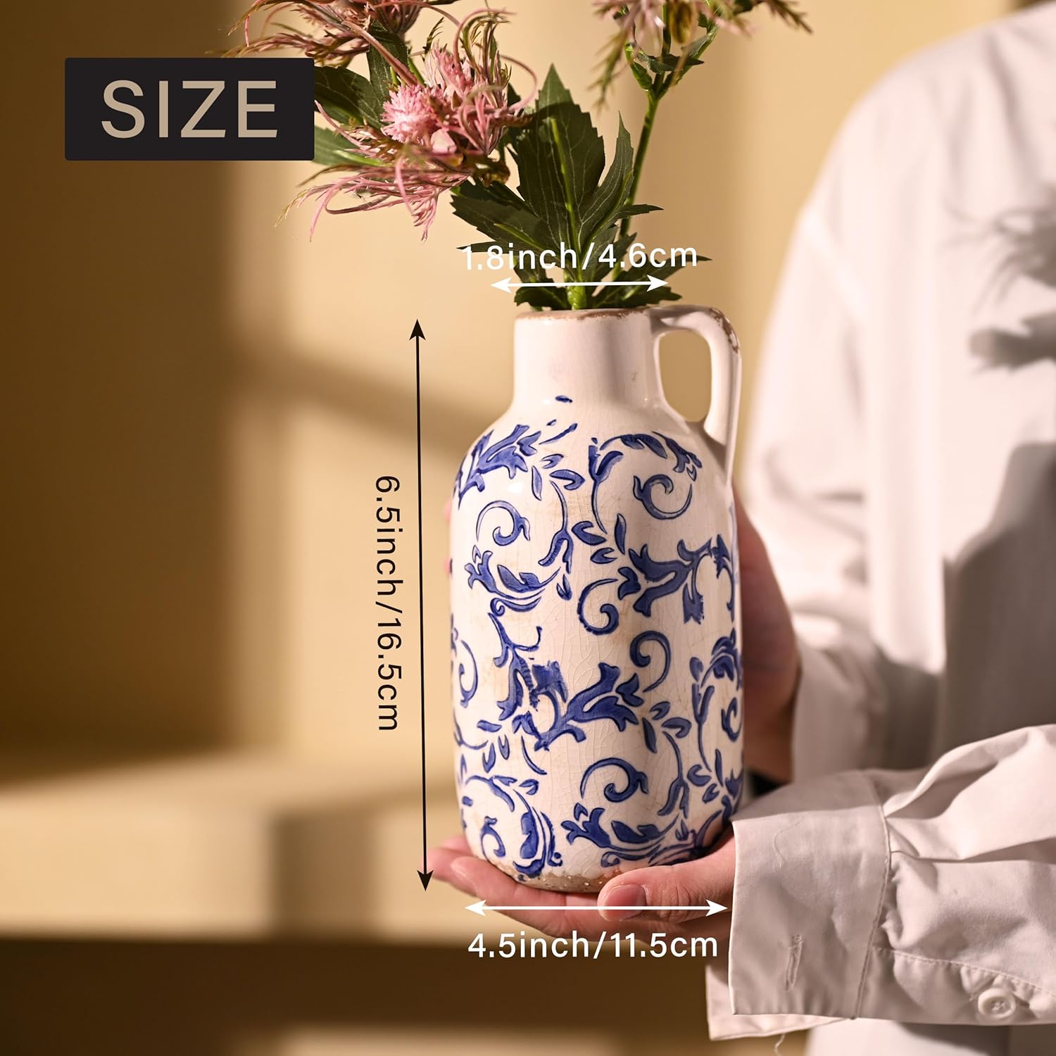 VICTOR & TERESA Blue and White Ceramic Vase for Flowers, Rustic Vase Home Decor for Pampas Grass, Farmhouse Decorative Vases for Mantel, Living Room, Shelf, Centerpieces, 7'', Gifts for Mom