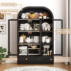 73" Tall Arched Kitchen Pantry Cabinet w Load-Bearing Steel Pipe,Modern Farmhouse Kitchens Storage Cabinet with Drawer and Glass Doors,Tall Arched Bookcase,Pantry Organizer(Woodgrain Black)