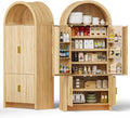 PRETZI 71" Tall Arched Pantry Cabinet, Arched Fluted Kitchen Storage Cabinet with Doors and Adjustable Shelves, Modern Natural Wood Cupboard Organizer for Kitchen, Dining Room, Living Room