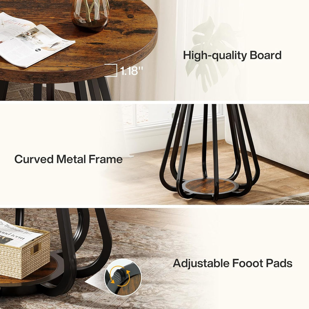 Tribesigns Small Round Side Table, 2-Tier Sofa End Table with Metal Frame and Lower Shelf, Wooden Bedside Nightstand for Small Spaces, Living Room, Bedroom, Vintage Brown & Black