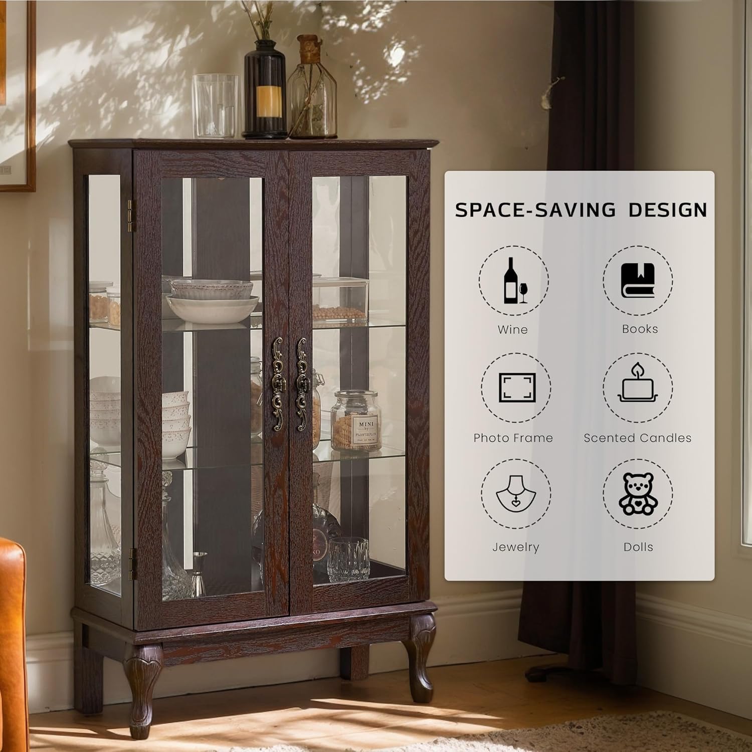 44" Small Lighted Glass Accent Curio Cabinet, Vintage China Cage with Tempered Glass Doors & Adjustable Shelves, Acrylic Mirrored Pane, Elegant Wine Artwork Showcase for Living Room (Dark Cherry)