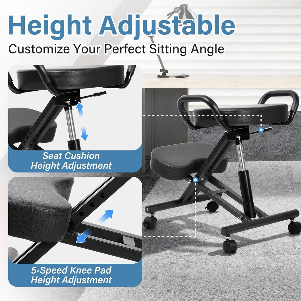 Ergonomic Kneeling Chair, Kneeling Chair with Locking Wheels, Adjustable Height Support Chairs, PU Computer Kneel Chairs for Living Room