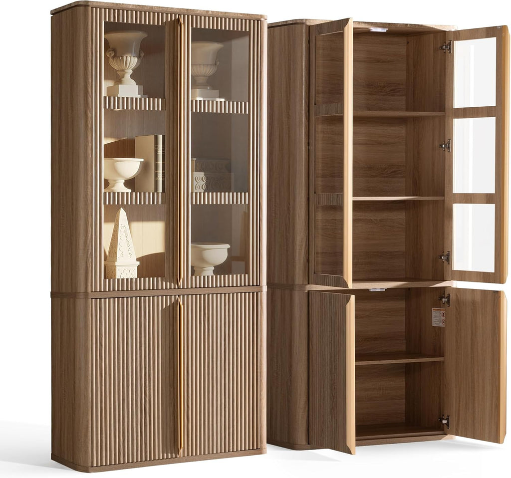 77" Tall Storage Cabinet - Fluted Pantry Cabinets with Glass Doors, Wooden Kitchen Food Cupboard, Adjustable Shelves, Modern Display Storage Closet for Living Room, Dining Room, Office, Oak 1pc
