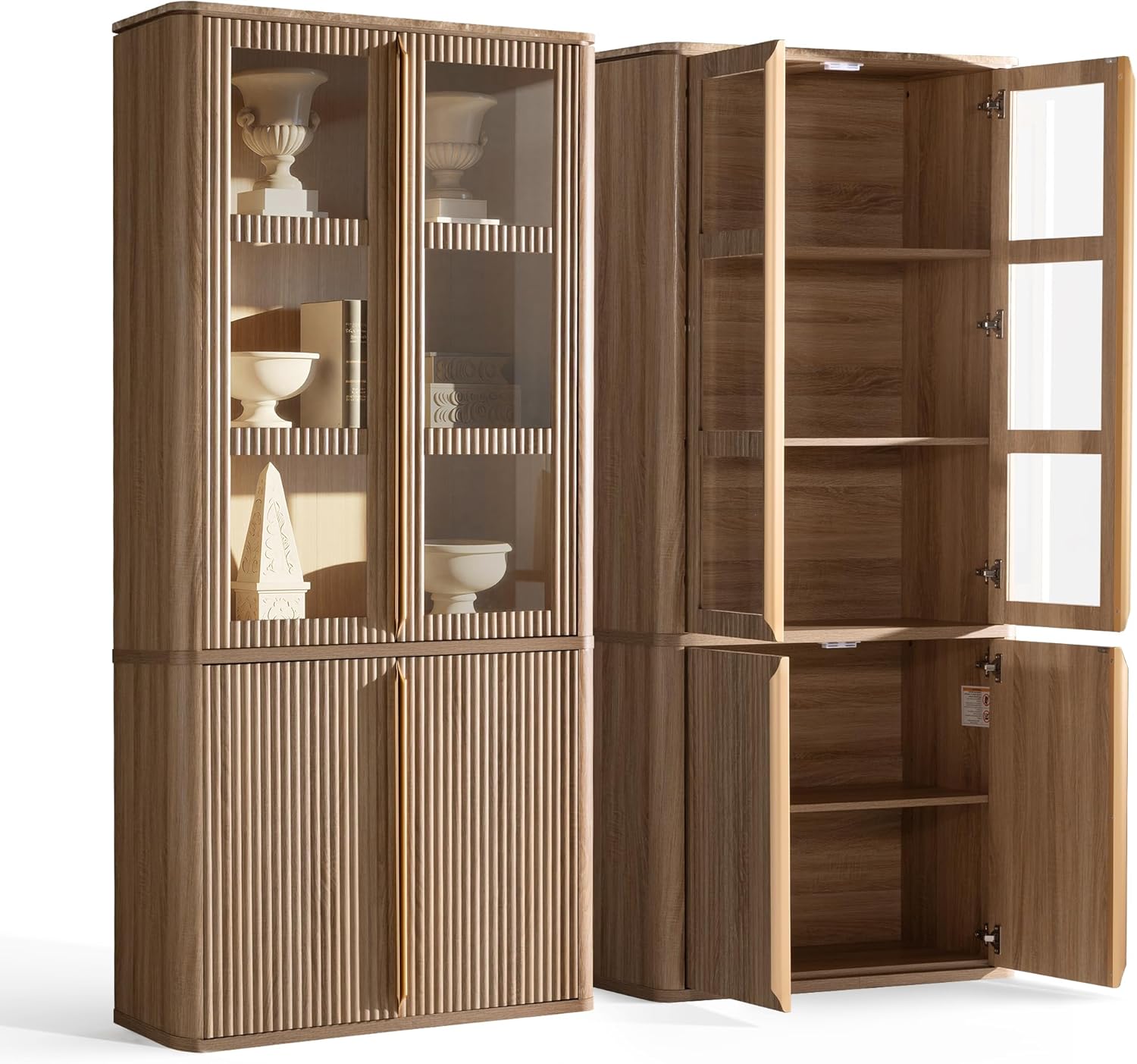 77" Tall Storage Cabinet - Fluted Pantry Cabinets with Glass Doors, Wooden Kitchen Food Cupboard, Adjustable Shelves, Modern Display Storage Closet for Living Room, Dining Room, Office, Oak 1pc