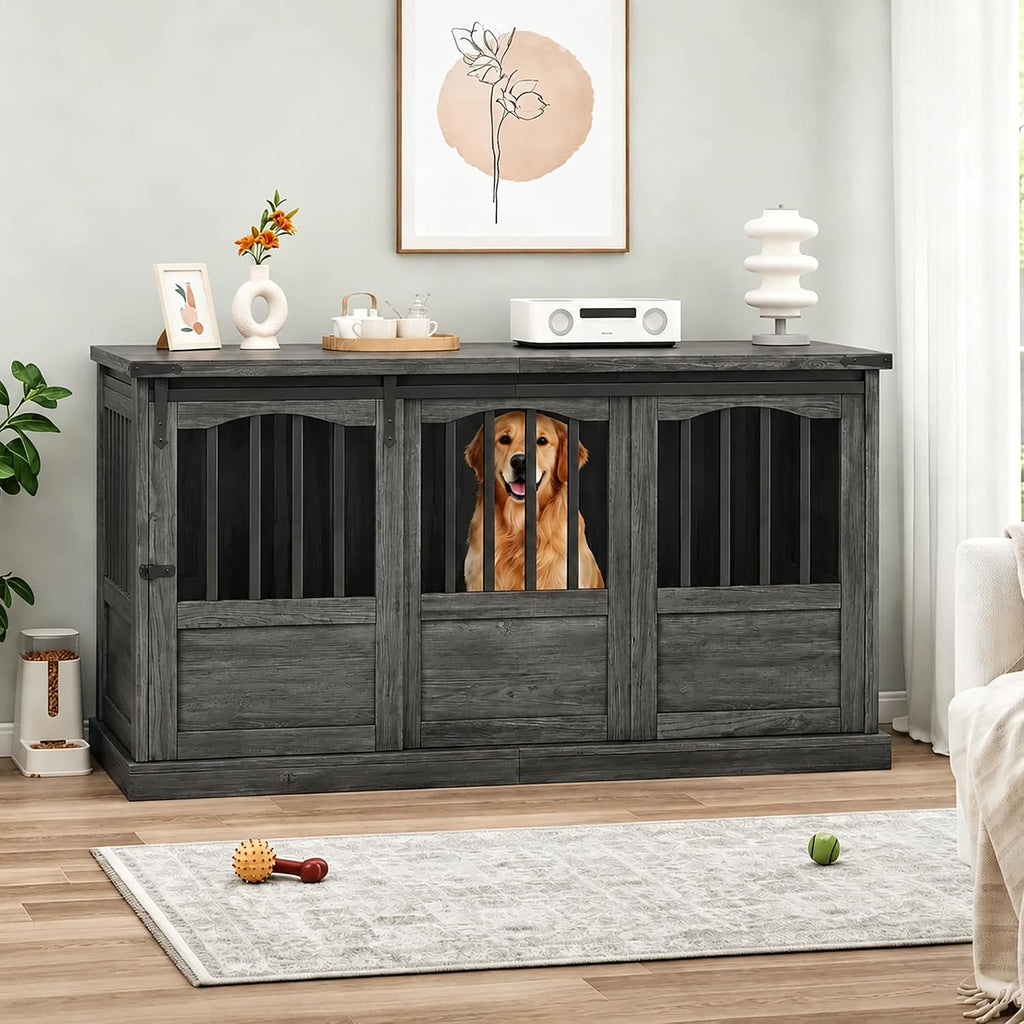 Homiflex 53 Inch Wooden Dog Crate Furniture Heavy Duty Dog Kennel Furniture with Sliding Doors for Large Breed Decorative Solid Wood Dog Cage End Table for Indoor, Grey