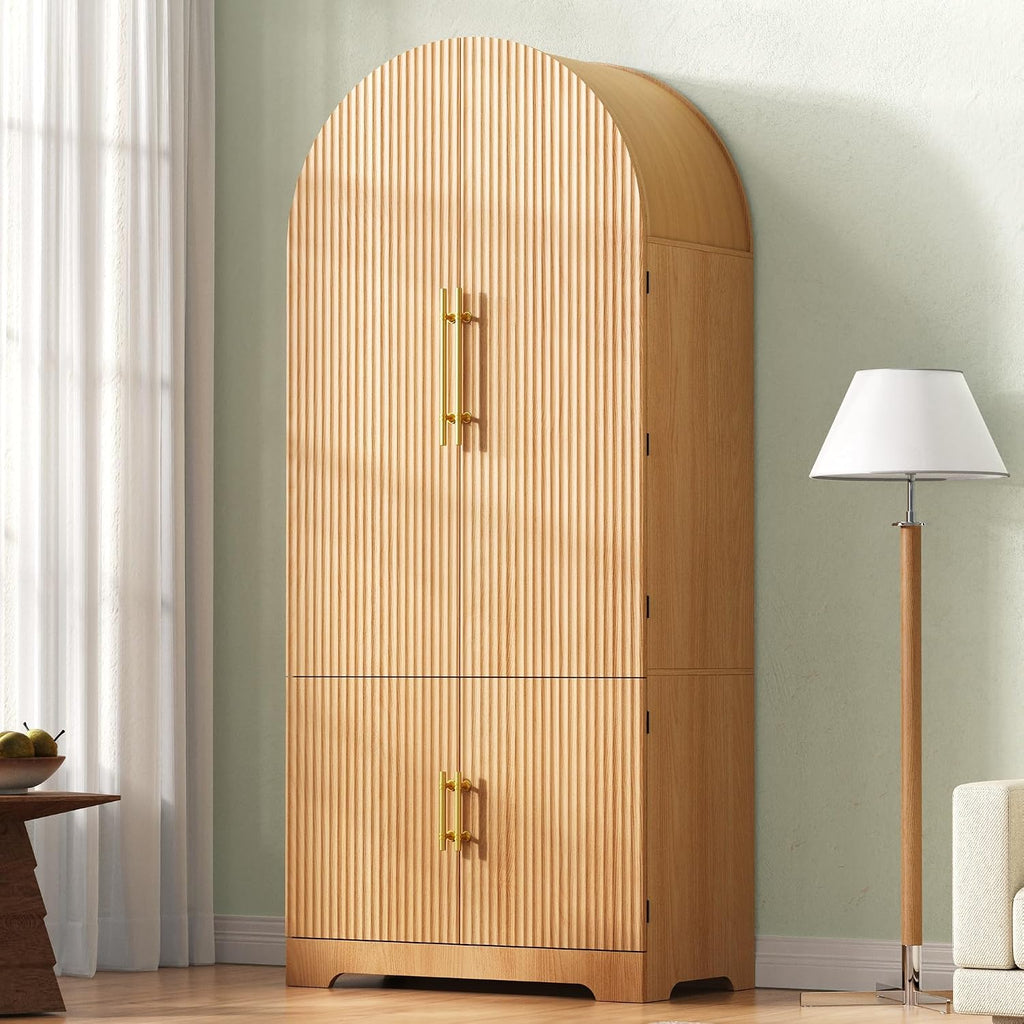 Tall Arched Kitchen Pantry Cabinet, Modern Fluted Wood Storage Cabinet with 8 Door Shelves, Adjustable Shelves and Hidden Drawer, Versatile Cupboard for Kitchen, Bathroom (Natural)