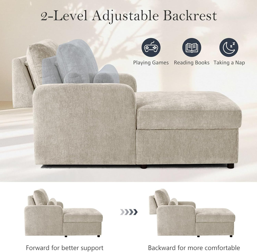 57.9" Oversized Chaise Lounge Chair Indoor, Chenille Reading Chair with Adjustable Backrest & Storage, Upholstered Comfy Sleeper Chair with 2 Pillows, Sofa Bed for Living Room, Bedroom, Camel