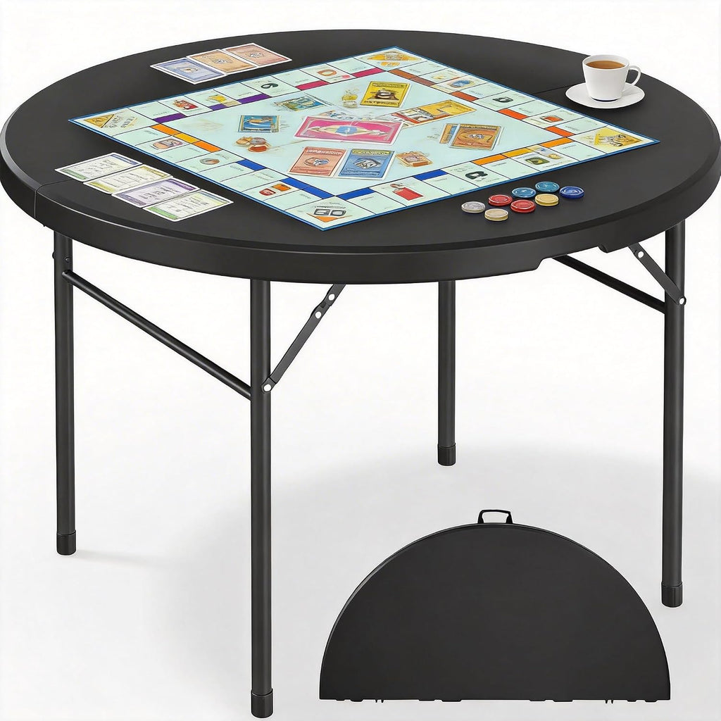 DWVO 48 Inch Folding Table for Outdoor/Indoor, Round Folding Table w/Sturdy Metal Frame, Lightweight Yet Thick Table Top Ideal for Patio Backyard Dining Room Events, Black