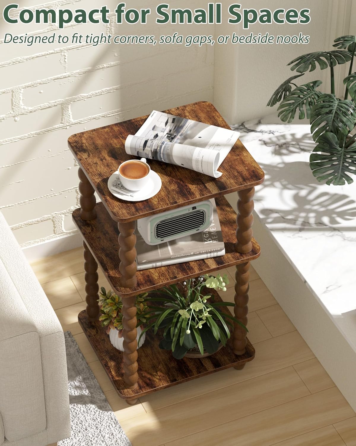 Tohiasen 3 Tier Side Table - Compact End Table with Solid Wood Legs, Small Nightstand with Open Shelves for Living Room Bedroom Office Nursery Small Spaces (Rustic Brown, Rectangular)