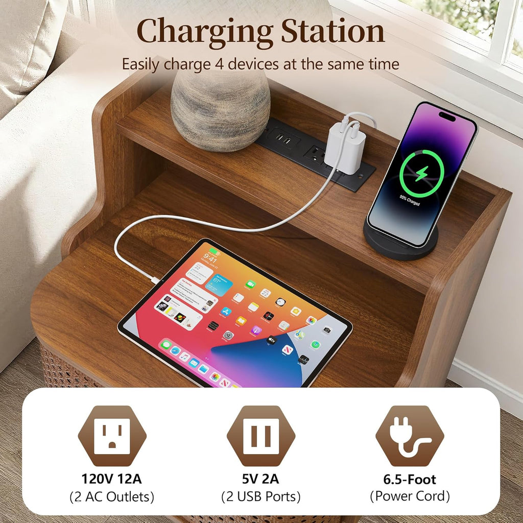 Metal Rattan End Table with Charging Station, Mid Century Modern Nightstand with 2 Doors, Bed Side Table with Storage for Couch, Living Room, Small Spaces, Sofa Side Table for Office, Dorm - Walnut