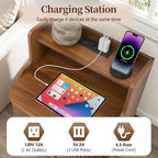 Metal Rattan End Table with Charging Station, Mid Century Modern Nightstand with 2 Doors, Bed Side Table with Storage for Couch, Living Room, Small Spaces, Sofa Side Table for Office, Dorm - Walnut