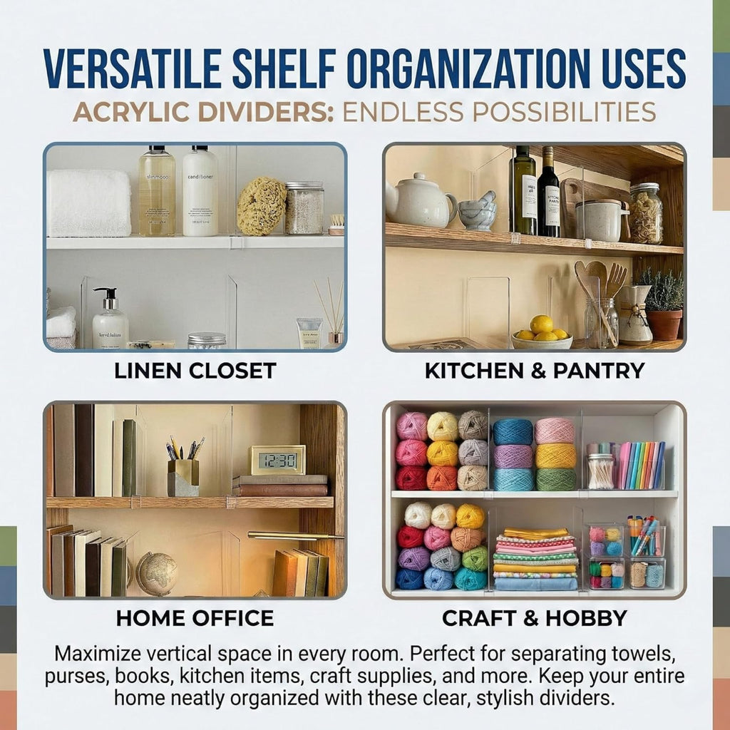 Acrylic Shelf Dividers, 12 Pack Clear Closet Shelf Organizer, Slide-On Vertical Dividers for Sweaters, Shirts, Towels & Handbags, Fits 3/4 in Shelves, 11 x 8 in