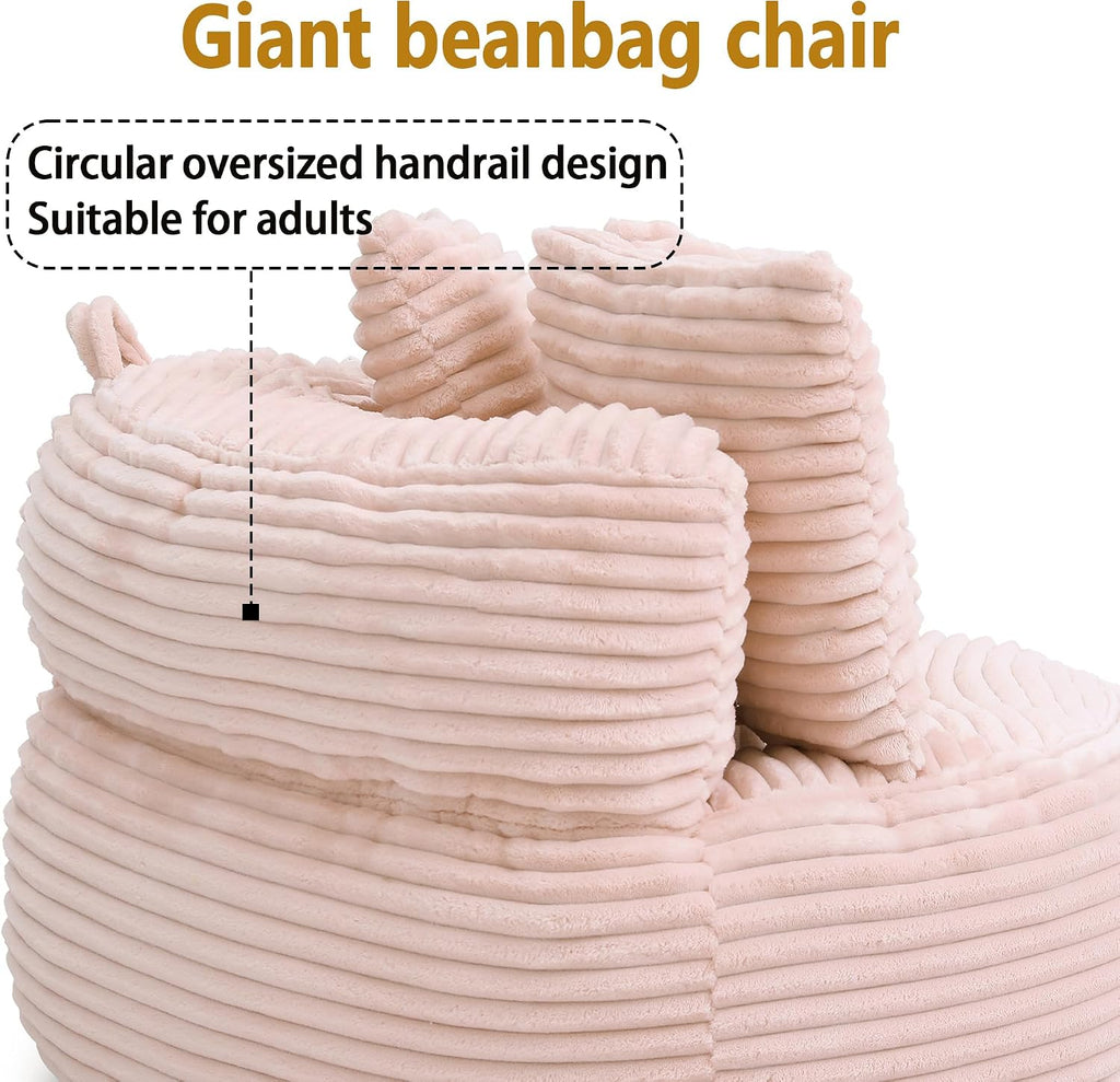 45" Round Pink Bean Bag Chair with Backrest,Corduroy Fabric Beanbag Couch 3 Pillows,Floor Cushion Bean Bag Chair for Adults,Plush TV Chair,Comfy Lazy Sofa for Living Room