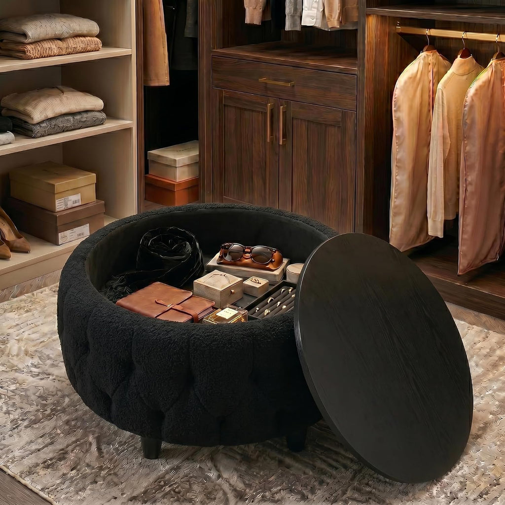Large Round Storage Ottoman Coffee Table with Wooden Tabletop, 32 Inches Teddy Fleece Tufted Ottoman for Living Room, Bedroom, Apartments (Black)
